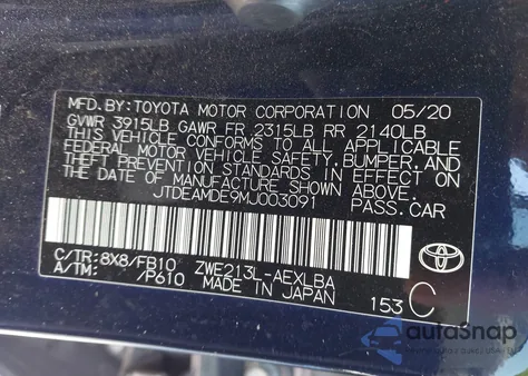 2021 Toyota Corolla Hybrid Le from USA, damaged, VIN JTDEAMDE9MJ003091